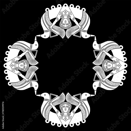 Rectangular ethnic frame with Near Eastern goddess Astarte and birds. Black and white silhouette.