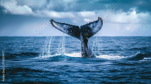 The tail of the humpback whale. humpback whale breaching on pacific ocean background. © Penatic Studio
