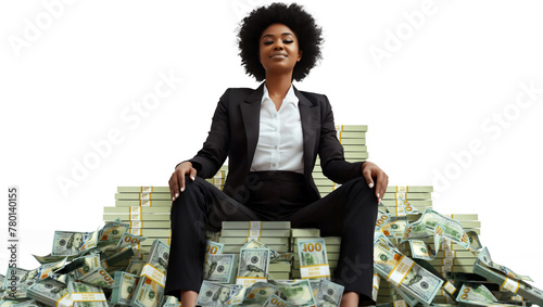 Rich Black business woman boss wearing black suit sitting on pile of Us dollar bills with more stacks of money around her against transparent background, throne made of cash, feminine, female power