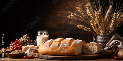 Artisan bread and milk on rustic wooden table