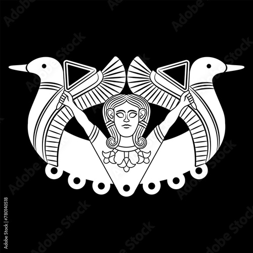 Ancient Near Eastern goddess Astarte with two doves and sistrums. Black and white silhouette.