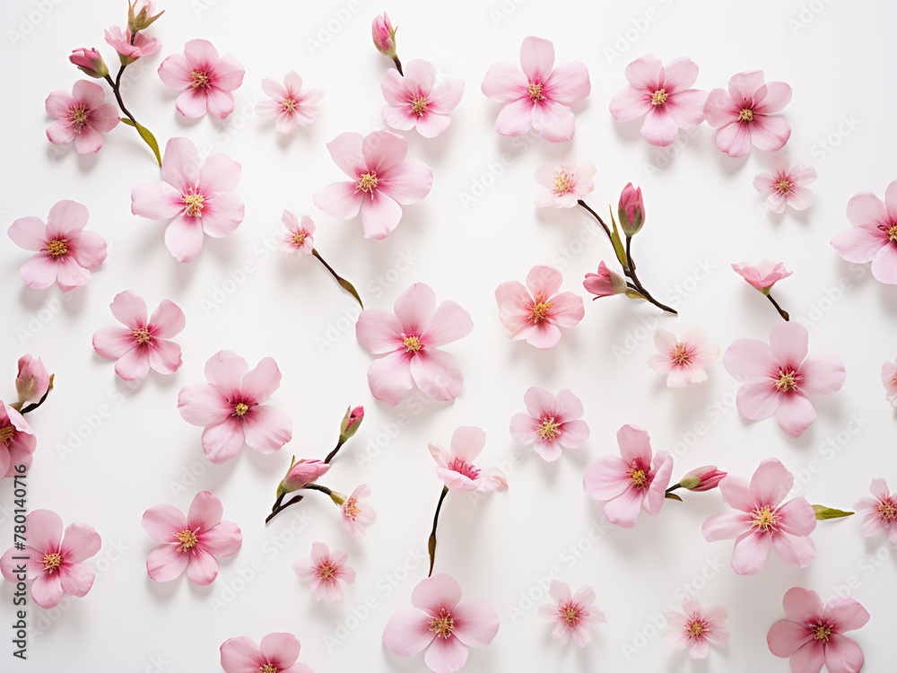 Pink spring flowers create a textured floral pattern in a flat lay top view on a white background