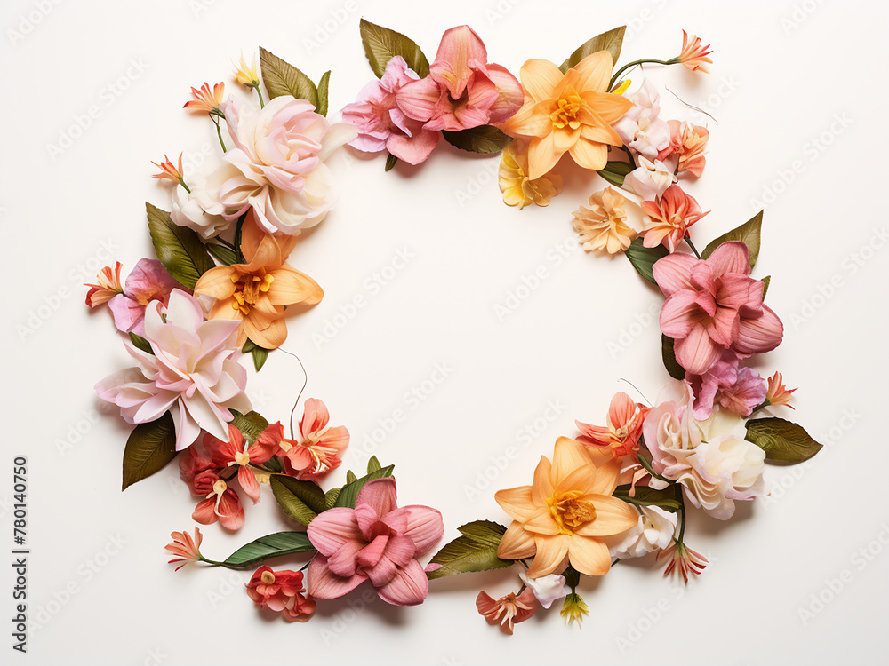 Top-down view of a wreath design, comprising flowers and leaves on white