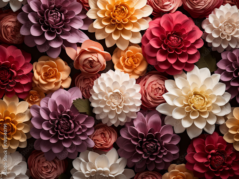 Flower background adorned with dahlia, peony, rose, and chrysanthemum