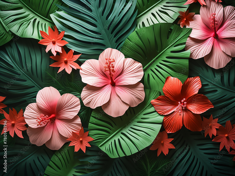 Tropical leaves and hibiscus flowers form a stunning floral background Tropical leaves and hibiscus flowers form a stunning floral background