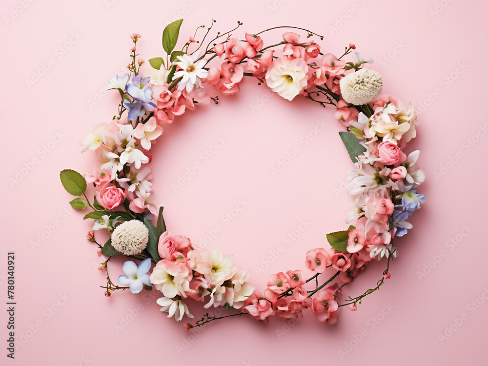 Top view displays a floral wreath against a soft pastel background Top view displays a floral wreath against a soft pastel background
