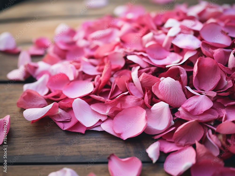 Obraz premium Flower petals set on a wooden backdrop offer a focused view of nature