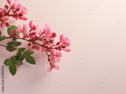 Pink blooms adorn a robinia neomexicana branch against a beige backdrop, viewed from above photo