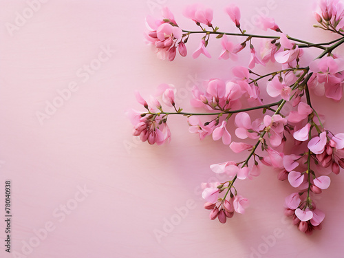 Pink flowers of robinia neomexicana adorn a beige backdrop from above photo