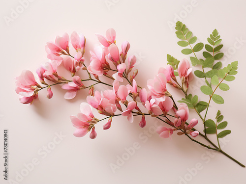 Pink flowers adorn a robinia neomexicana branch, showcased against a beige background photo
