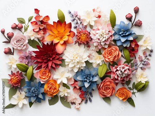 Colorful flowers and eucalyptus create an artistic pattern on white