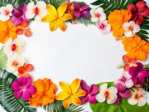 Vibrant flowers create a frame in a top-view flat lay composition on a white backdrop
