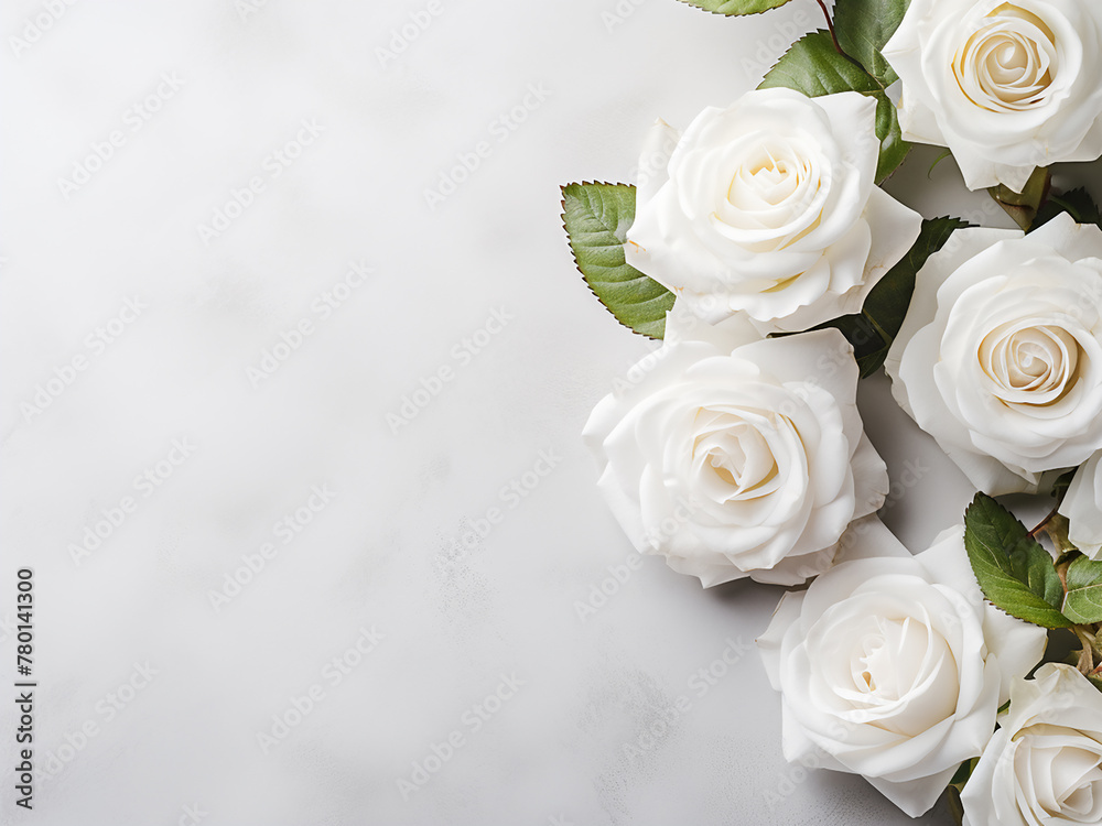 Obraz premium White roses placed on a pastel gray background create a serene composition