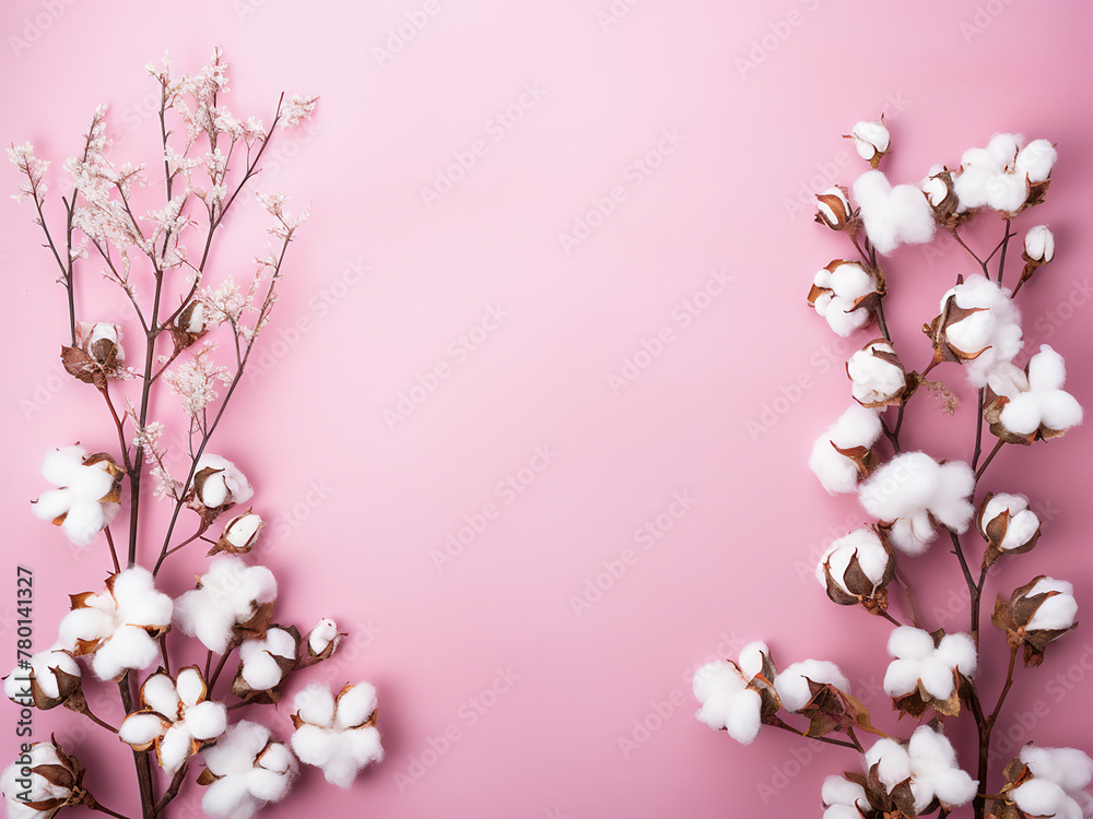 Eucalyptus branches and cotton adorn a pink frame, offering space for text Eucalyptus branches and cotton adorn a pink frame, offering space for text