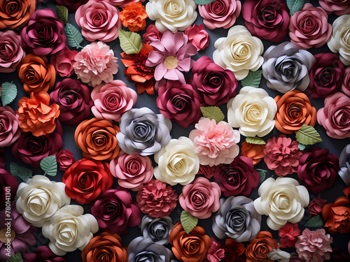 Grey background hosts many roses in a flat lay composition  perfect for holiday festivities
