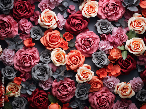 A flat lay arrangement displays numerous roses on a gray background for festive celebrations