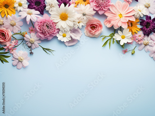 Flowers arranged on a pastel gray backdrop provide a flat lay composition with space for text