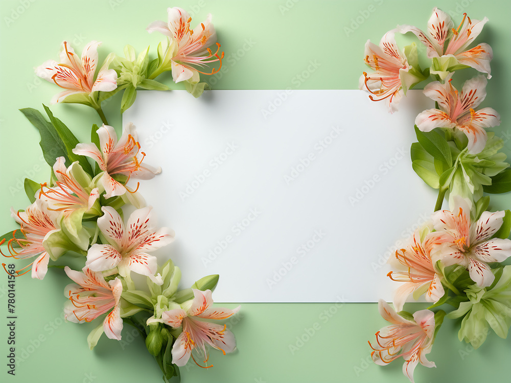 Alstroemeria flowers frame a text area on a light green greeting card
