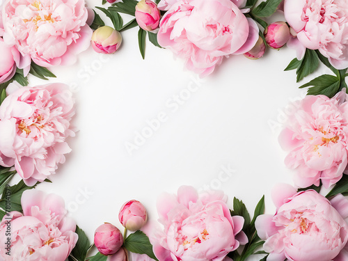 Pink peony flowers arranged on white create a delicate frame