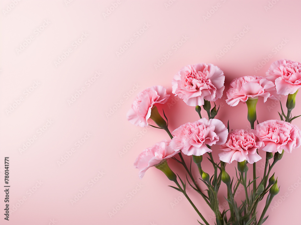 Carnations arranged against a pink background, allowing space for text