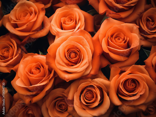 Background texture showcases large  vibrant orange roses