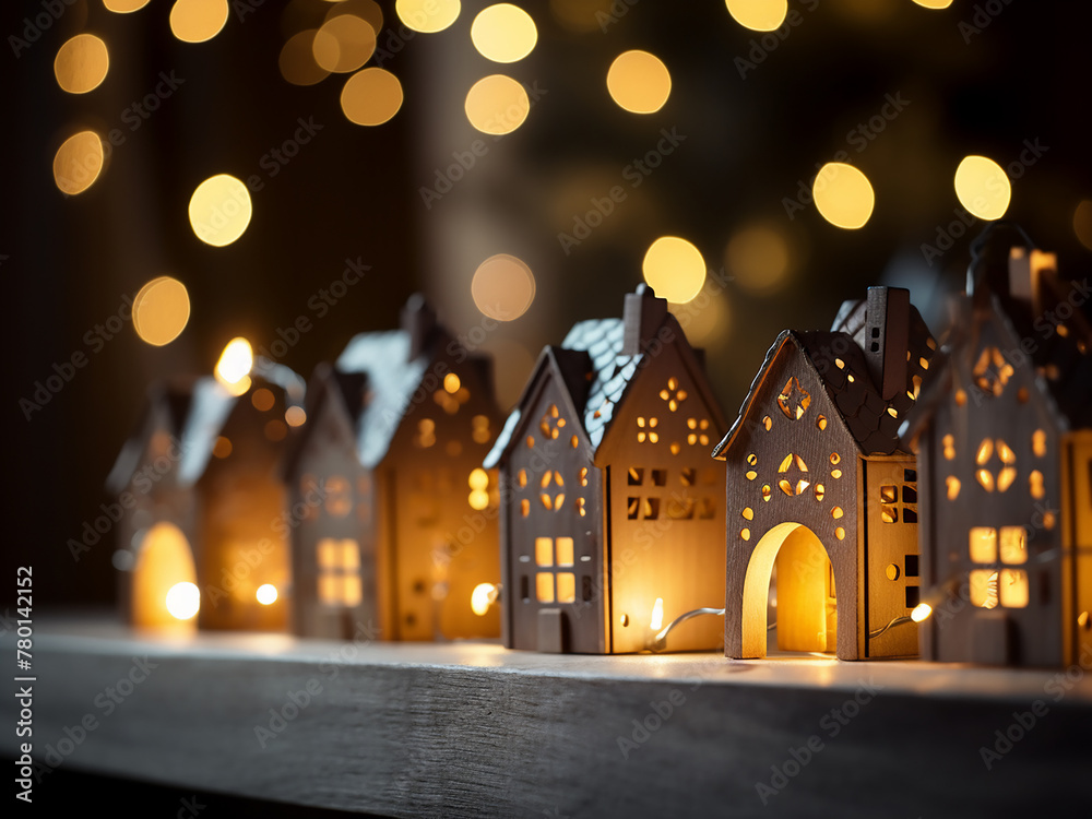 Obraz premium Close-up of wooden house garland with yellow lights
