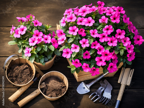 Gardening tools and petunia pots arranged for planting