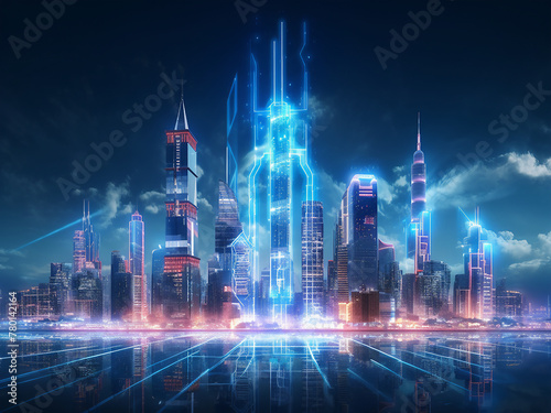 Cityscape bathed in blue light, a glimpse of the future photo