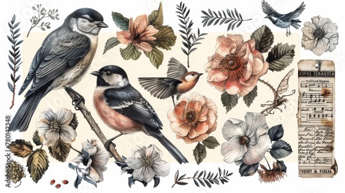 Vintage illustration with birds and flowers