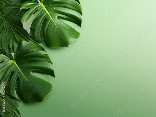 Fresh monstera leaves spread flat on a colored backdrop