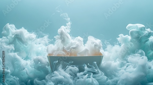 Digital art concept depicting fluffy white clouds mingling with steam from a fresh cup of coffee on a soothing blue background
