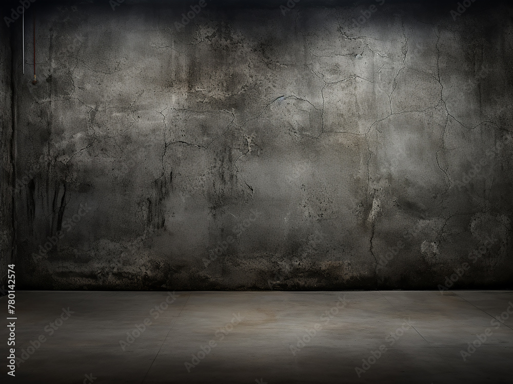 Background texture features grungy dark concrete wall and wet floor