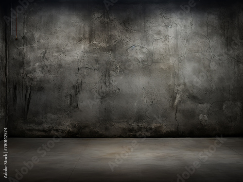 Background texture features grungy dark concrete wall and wet floor photo