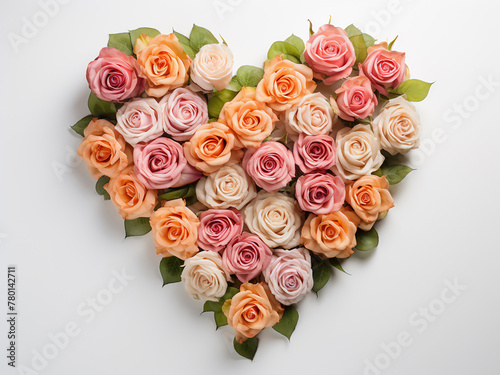 Heart-shaped arrangement of pink and orange roses on white backdrop