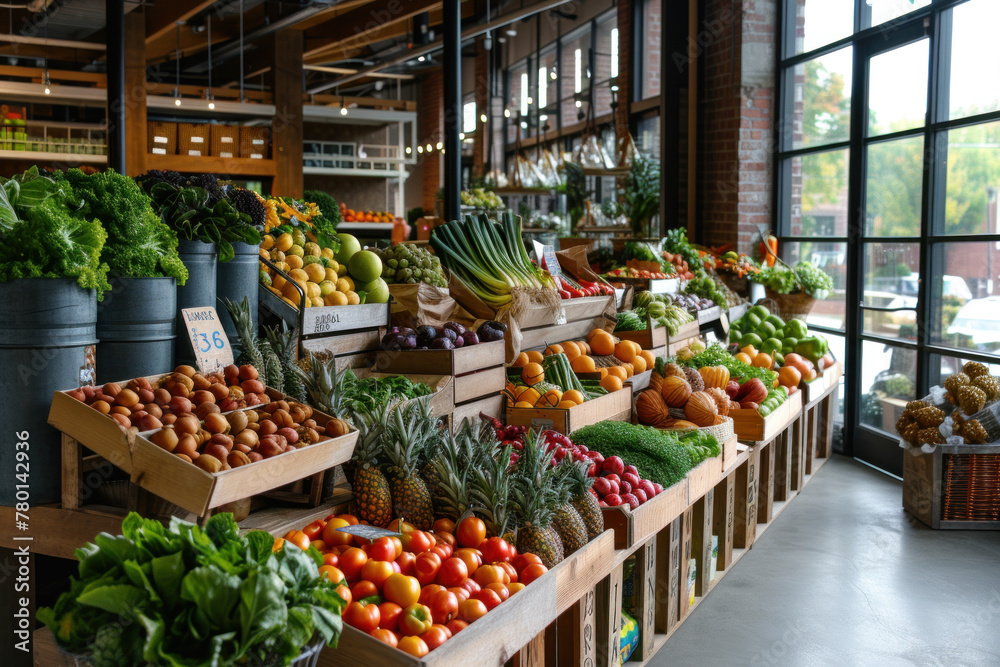 Organic Produce on Display at an Indoor Farmers Market with Fresh Vegetables