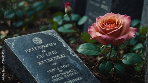 A rose growing on a grave in dark background