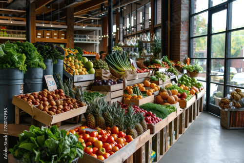 Organic Produce on Display at an Indoor Farmers Market with Fresh Vegetables