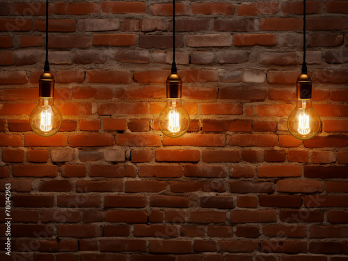 Grungy vintage loft interior with light bulbs on orange brick wall