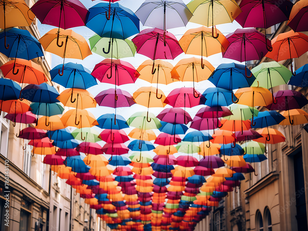 A plethora of colorful umbrellas adorns the streets in joyful display