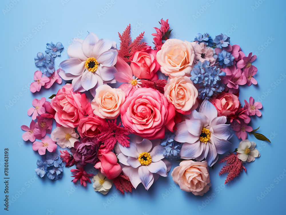 Abundance of flowers adorns a pink and blue background Abundance of flowers adorns a pink and blue background