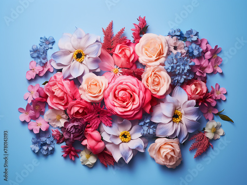 Abundance of flowers adorns a pink and blue background