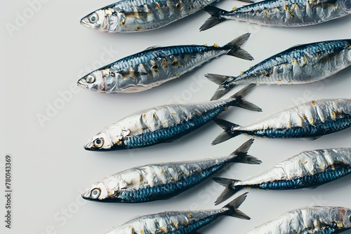 Sardines arranged neatly in rows on a white background.