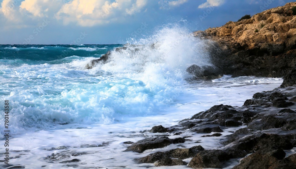 A turbulent ocean wave with a whitecap slams into black rocks on a stormy shore, generating a chaotic scene with windblown spray.