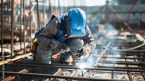 Construction Worker Welding Rebar with Sparks Flying on Worksite