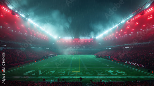 a football stadium at night with beamlights on a huge green field,generative ai © Suralai