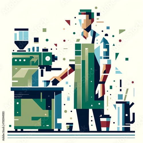 illustration of a barista combining deconstructivist and flat design styles photo