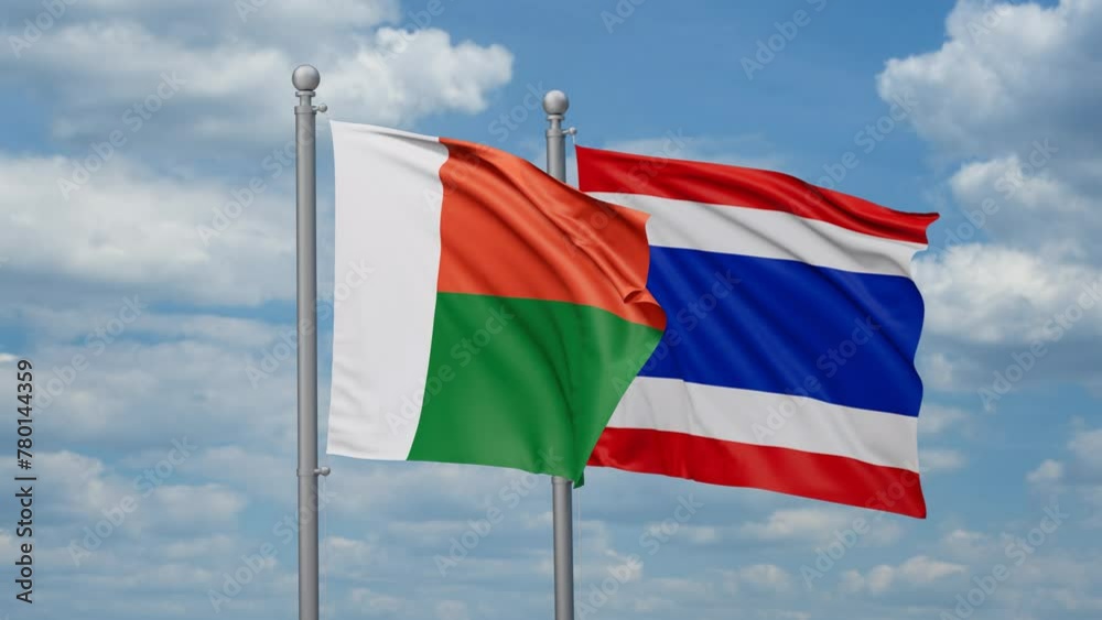 Kingdom of Thailand and Madagascar two flags waving together, looped video, two country cooperation concept Kingdom of Thailand and Madagascar two flags waving together, looped video, two country cooperation concept
