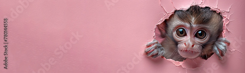 Banner with a little monkey head peeking through a hole in pale pink paper wall. photo