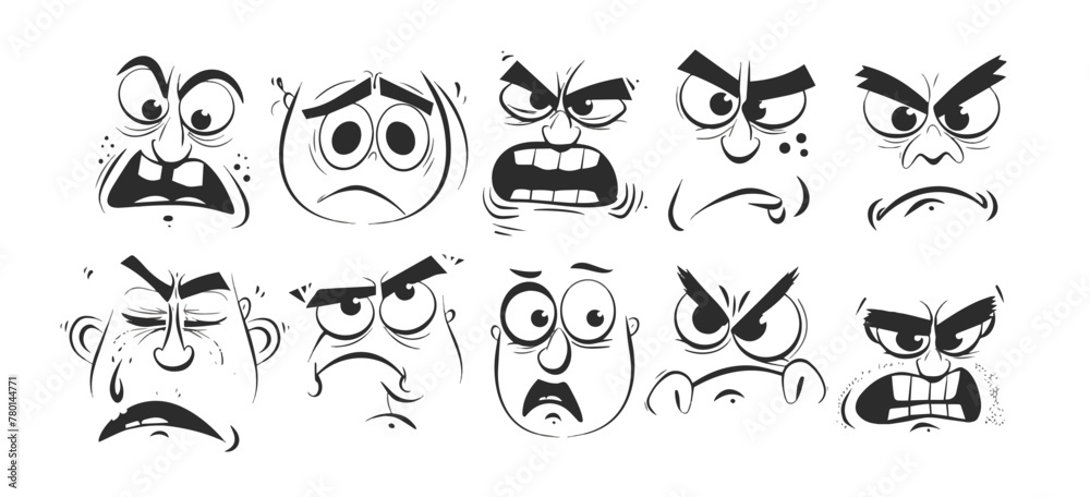 Set of cartoon faces. Expressive eyes and mouth comic emotions