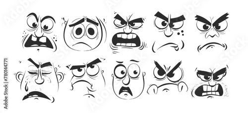 Set of cartoon faces. Expressive eyes and mouth comic emotions